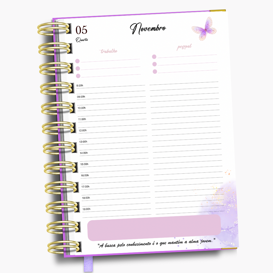 Agenda Diária Lilás Flores e Borboletas