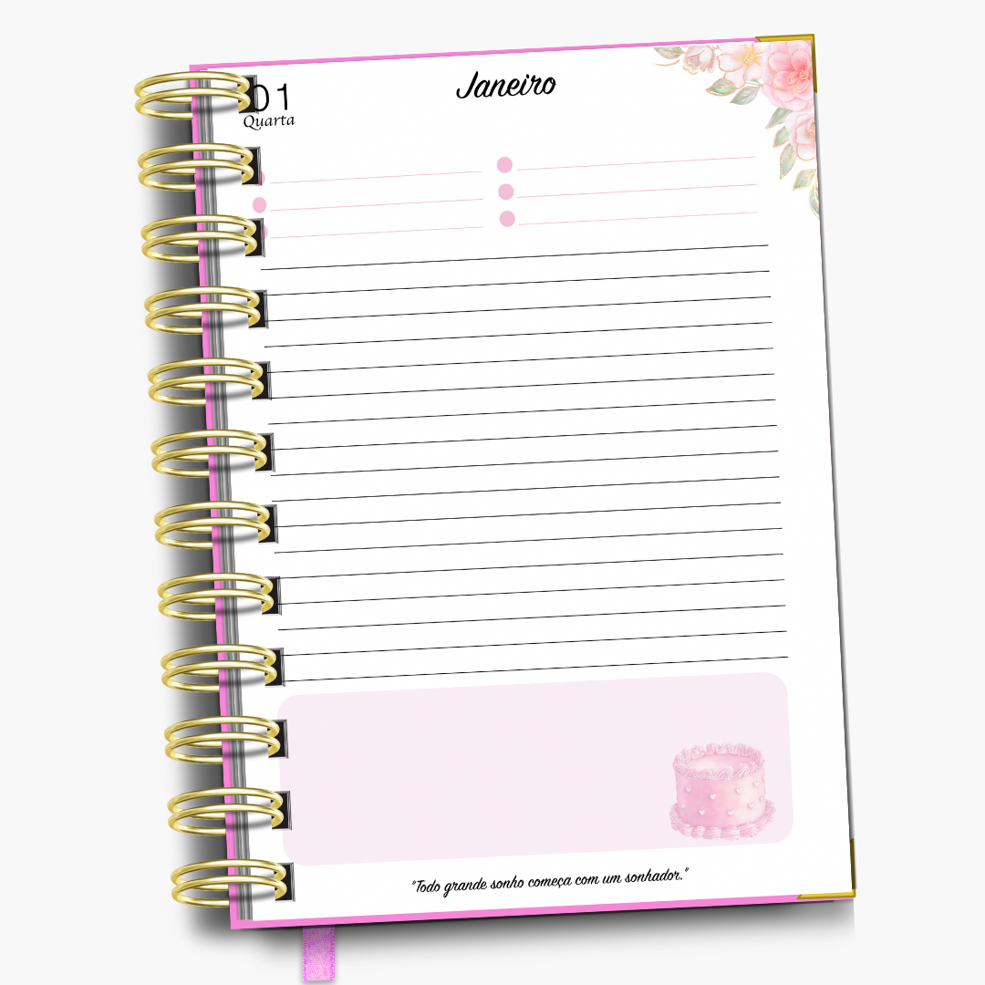 Agenda diária Pink Cake - Tema pastelaria bolos e doces