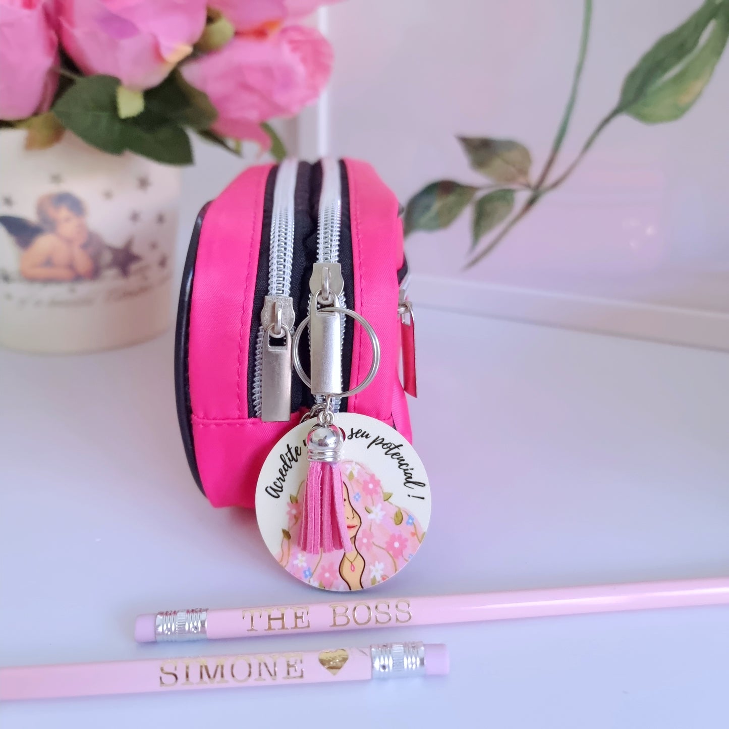 Estojo Pink com chaveiro e lápis personalizado