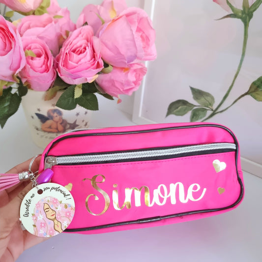 Estojo Pink com chaveiro e lápis personalizado